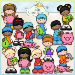 Saving Money Kids - CU Clip Art & B&W Set