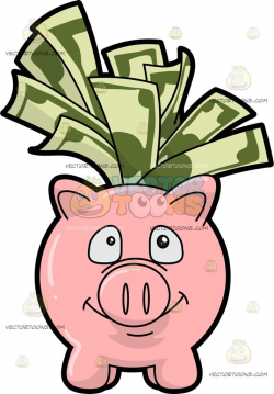 A Piggy Bank Filled With Dollar Bills: A pink piggy bank smiles and ...