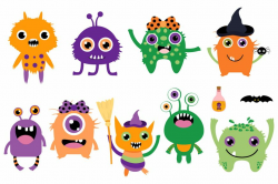 Cute Halloween monsters clipart set, Funny silly creatures