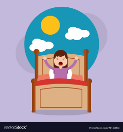 Girl in bed waking up in the morning with cloud