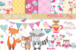 Mother\'s Day Cute Animal Clipart and Digital Papers Set