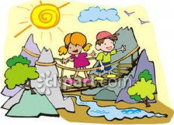 A Boy and a Girl In the Mountains, Crossing a Bridge Over a Stream ...