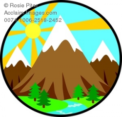 Clipart Image of The Sun Rising Behind a Mountain Landscape