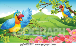 Vector Clipart - Two colorful parrots in a mountain scenery. Vector ...
