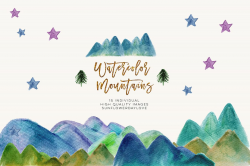 Watercolor Mountain Borders Clip Art, Mountain Forest Green