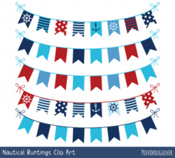 Red blue nautical bunting clipart, Navy banner marine flag border set