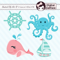 Orange, Aqua, Blue Sea Clipart / Nautical Whale, Octopus & Lighthouse Clip  Art