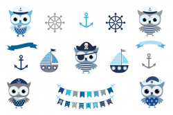 Cute nautical owl clipart, anchor, helm, boat set