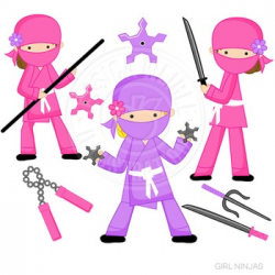 Girl Ninja Cute Digital Clipart, Martial Arts Clip Art, Pink Ninja