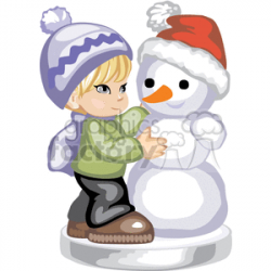 Cute little boy building a snowman with a carrot nose and a santa hat  clipart. Royalty-free clipart # 376173