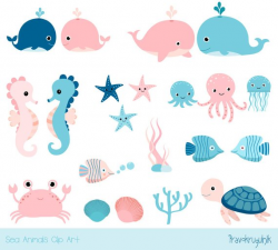 Cute sea animal clipart, Kawaii ocean clipart, Baby girl ...