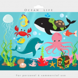 Under the ocean - sea clip art fish dolphin whale jellyfish octopus treasure