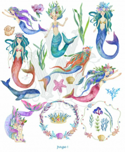 Watercolor Mermaid sea clipart, ocean Little princess siren ...