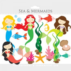 Mermaid clipart - mermaids clip art, little, sea, ocean, fish, seaweed,  ocean