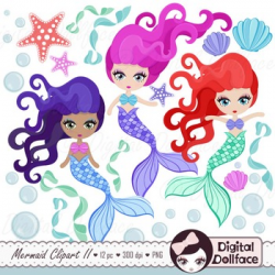 Mermaid Clipart, Ocean, Starfish, Seashells