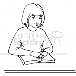 Black and white outline of girl sitting with a book open clipart.  Royalty-free clipart # 382678