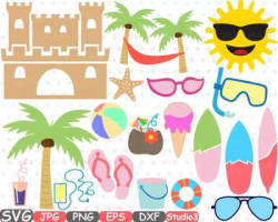 Summer Beach SVG Sun clipart Sand Castle Surfboard Palm tree sea ice cream  -687s