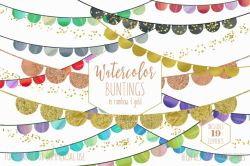 RAINBOW BUNTING BANNER Clipart Watercolor Buntings & Metallic Gold Glitter  Confetti Fun Cute Birthday Party Graphics
