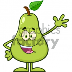 Royalty Free RF Clipart Illustration Happy Pear Fruit With Green Leaf  Cartoon Mascot Character Waving For Greeting Vector Illustration Isolated  On ...