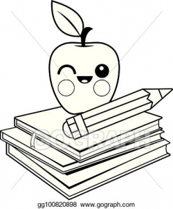 Vector Clipart - Apple, books and pencil. vector black and ...