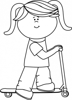 Black and White Little Girl Riding a Scooter Clip Art - Black and ...