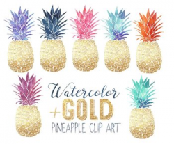 Clip art - gold and watercolor pineapples