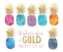 Clipart - gold and watercolor pineapples