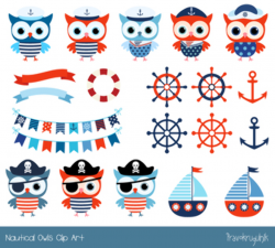 Cute nautical owl clipart, Red blue boy marine clip art, Sailor pirate owl,  boat