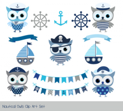 Cute pirate owl clipart, Nautical sailor owl clip art, Grey blue animal,  boat