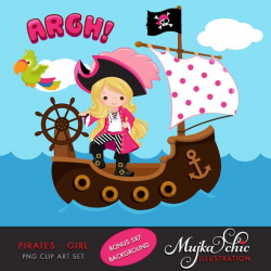 Pirate Clipart Pink girls treasure island, pirate ship, flag ...
