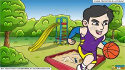 A Male Basketball Player Dribbling The Ball and An Outdoor Playground  Background