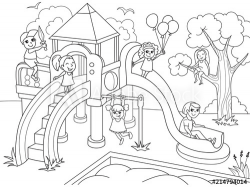 Childrens playground coloring. Raster illustration of black ...
