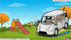 A Man Driving A Family Van and Kids Playground On An Autumn Day Background