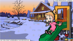 A Female Toddler Sliding Down The Playground Slide and Winter Lake House  Background