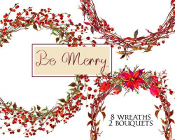 Christmas Wreaths Clipart Watercolor Poinsettia Berries Digital ...