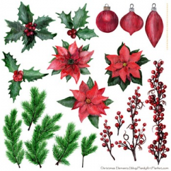 Merry & Bright Watercolor Christmas Wreath Clipart - Holly, Poinsettia, Pine