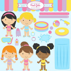 pool party digital clipart clip art girls swimsuit toys ...