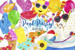 Watercolor Pool Party Clipart, Swim Clipart, Pool Clipart