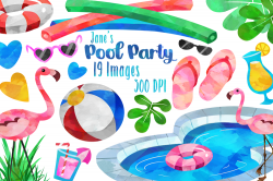 Watercolor Pool Party Clipart