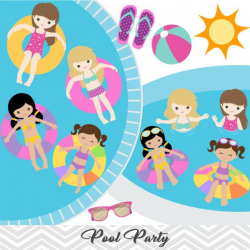 Girls Pool Party Clip Art, Girls Swim Party Clipart, Summer Pool Party  Clipart, 00197