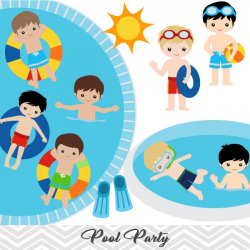 Boys Pool Party Clip Art, Boys Swim Party Clipart, Summer Pool Party  Clipart, 00198