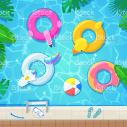 Swimming pool with colorful floats, top view vector ...