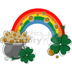A Rainbow with a Silver Pot of Gold and two Four Leaf Clovers clipart.  Royalty-free clipart # 145306