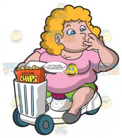 An Overweight Woman On A Scooter Eating A Bag Of Potato Chips