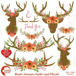 Deer Clipart, Antler Clip Art, Floral Clipart, Rustic Wedding, AMB-1486