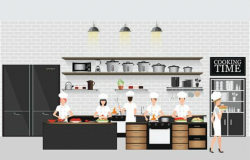 Chefs cooking at the table in restaurant kitchen interior ...