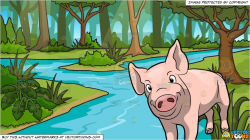 A Cute Pig Smiling and A River In A Jungle Background