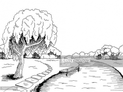 Park river willow tree graphic black white landscape sketch ...