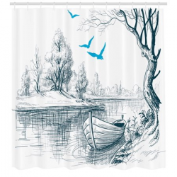Landscape Shower Curtain, Boat on Calm River Trees Birds Twigs Sketch  Drawing Clipart Water Minimalist, Fabric Bathroom Set with Hooks, White  Gray ...