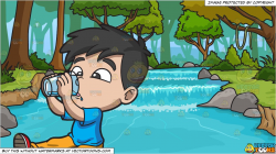 A Thirsty Young Boy Drinking Water and River Running Through A Forest  Background